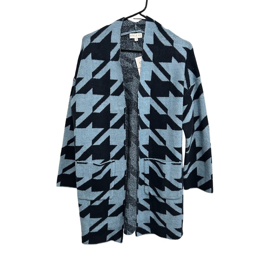 Birch NY NWT Open Front Cardigan Coat Pockets Blue Black Houndstooth Size S